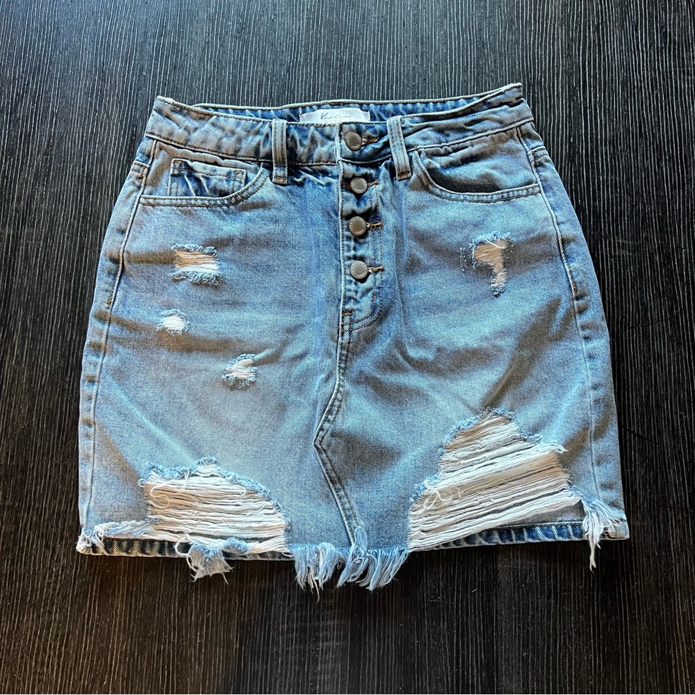 KanCan Light Blue Distressed Mini Skirt